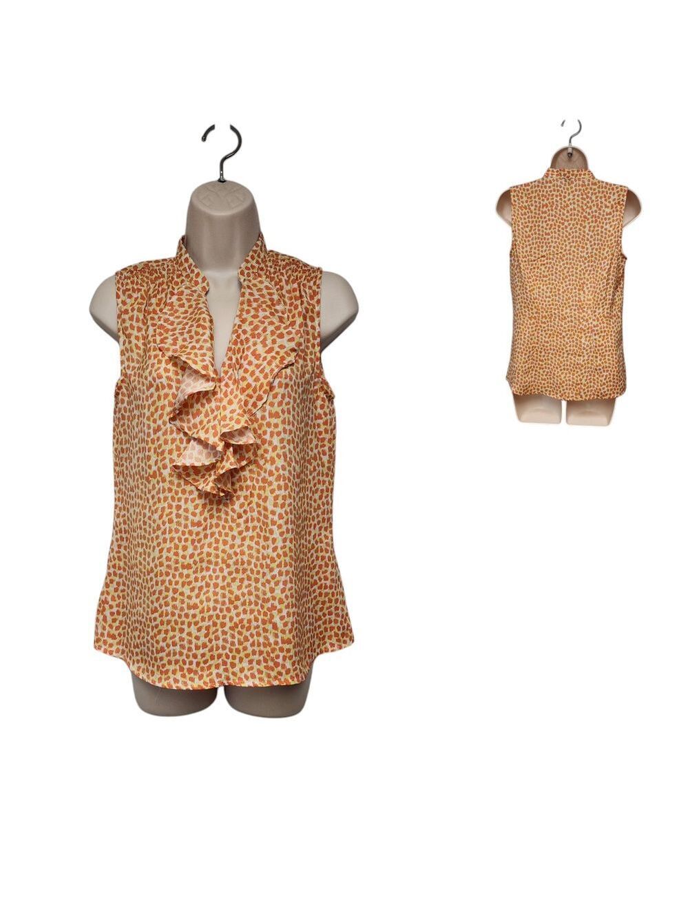 Ann Taylor Orange Yellow Animal Print Sleeveless Notched V-Neck Top Blouse Small